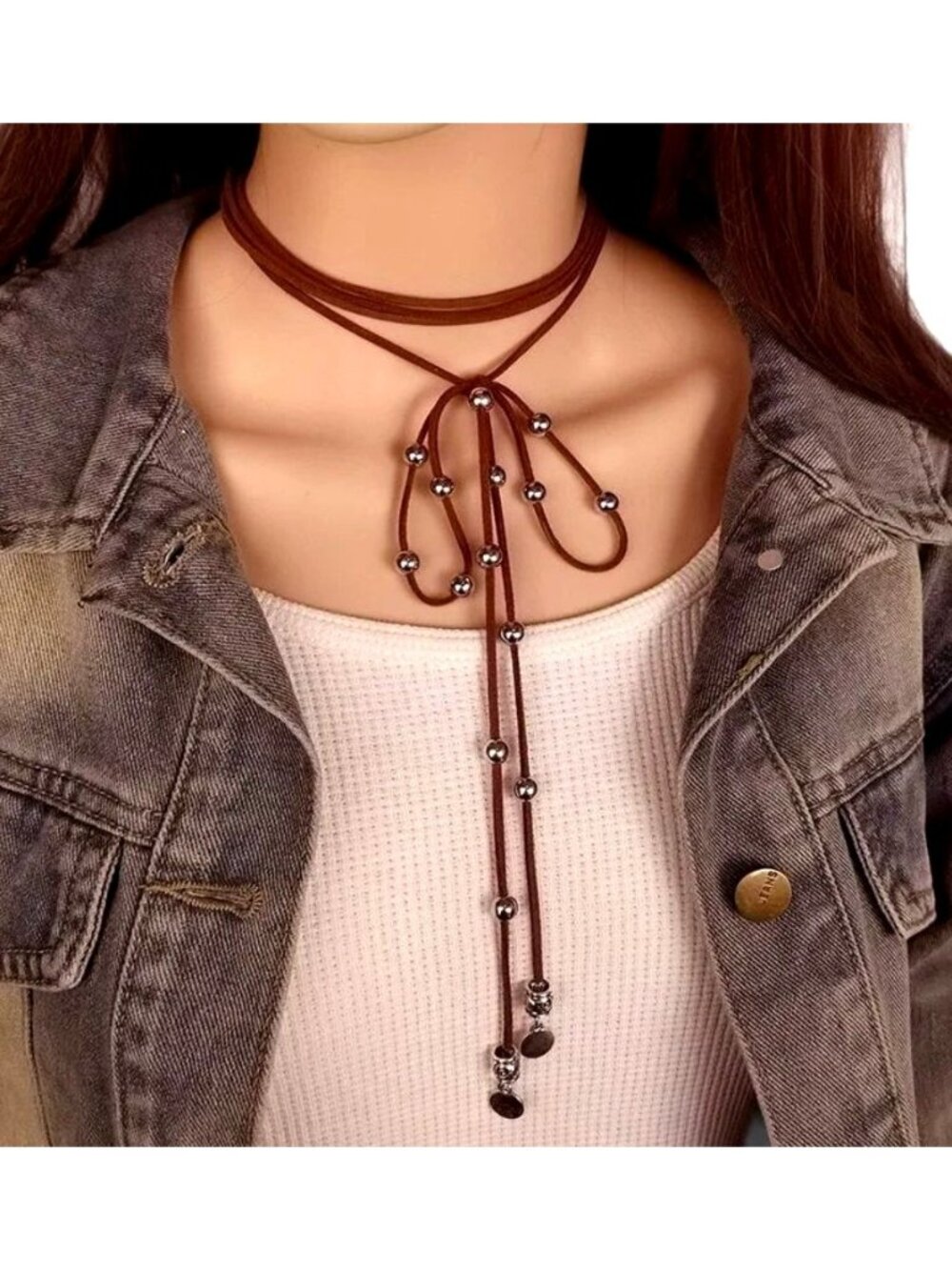 Brown Faux Leather Wrap Necklace Belt Accessory With Silver Beads & "Believe" Ch